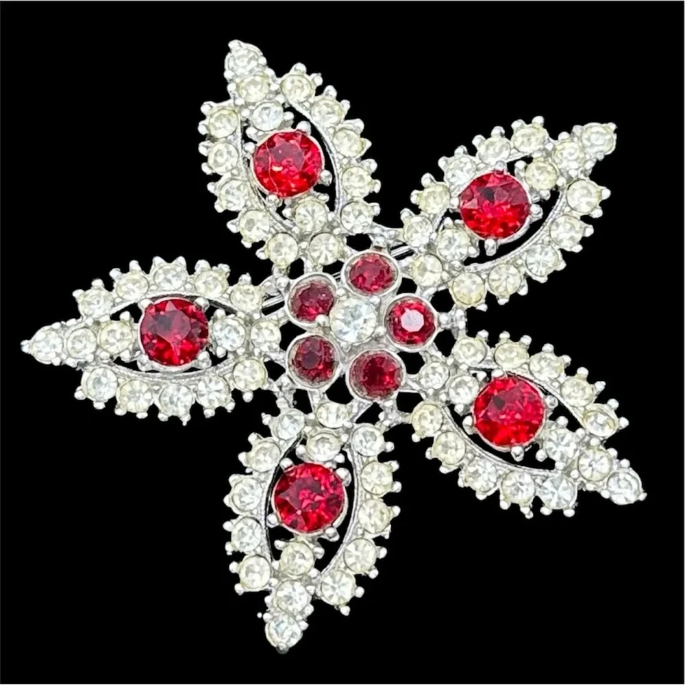 Bogoff Vintage Signed 5 Point Star Clear & Red Rhinestone Brooch